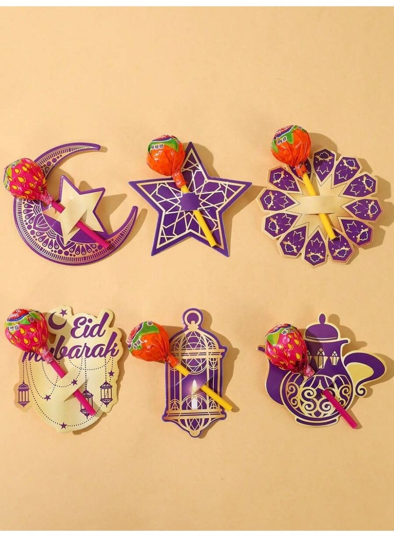 توزيعات العيد زينة العيد 24 بطاقة لولي بوب بتصميم عيد مبارك باللون البنفسجي والذهبي بطاقات تغليف هدايا وديكور طاولة حفلات العيد ورمضان و قرقيعان - Image 5